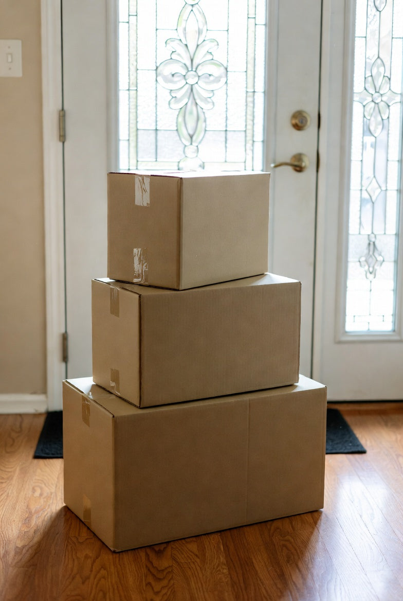 Plain neutral cardboard shipping boxes used for discreet sex doll delivery in France by Hexxme.